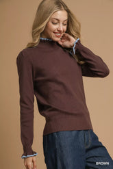 Umgee Ribbed Round Neck Sweater with Ruffle Contrast Trim OutfitFlow